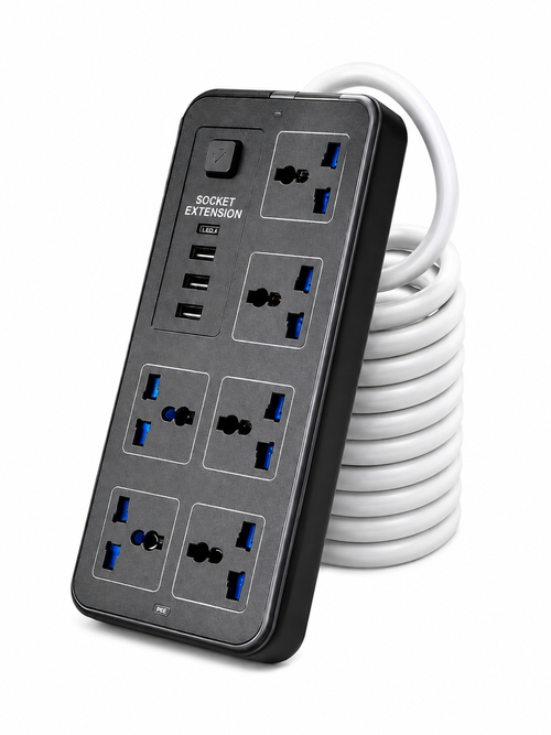 10-in-1 socket extension with 6 universal sockets, 3 USB ports, Type-C port and 2M power cable