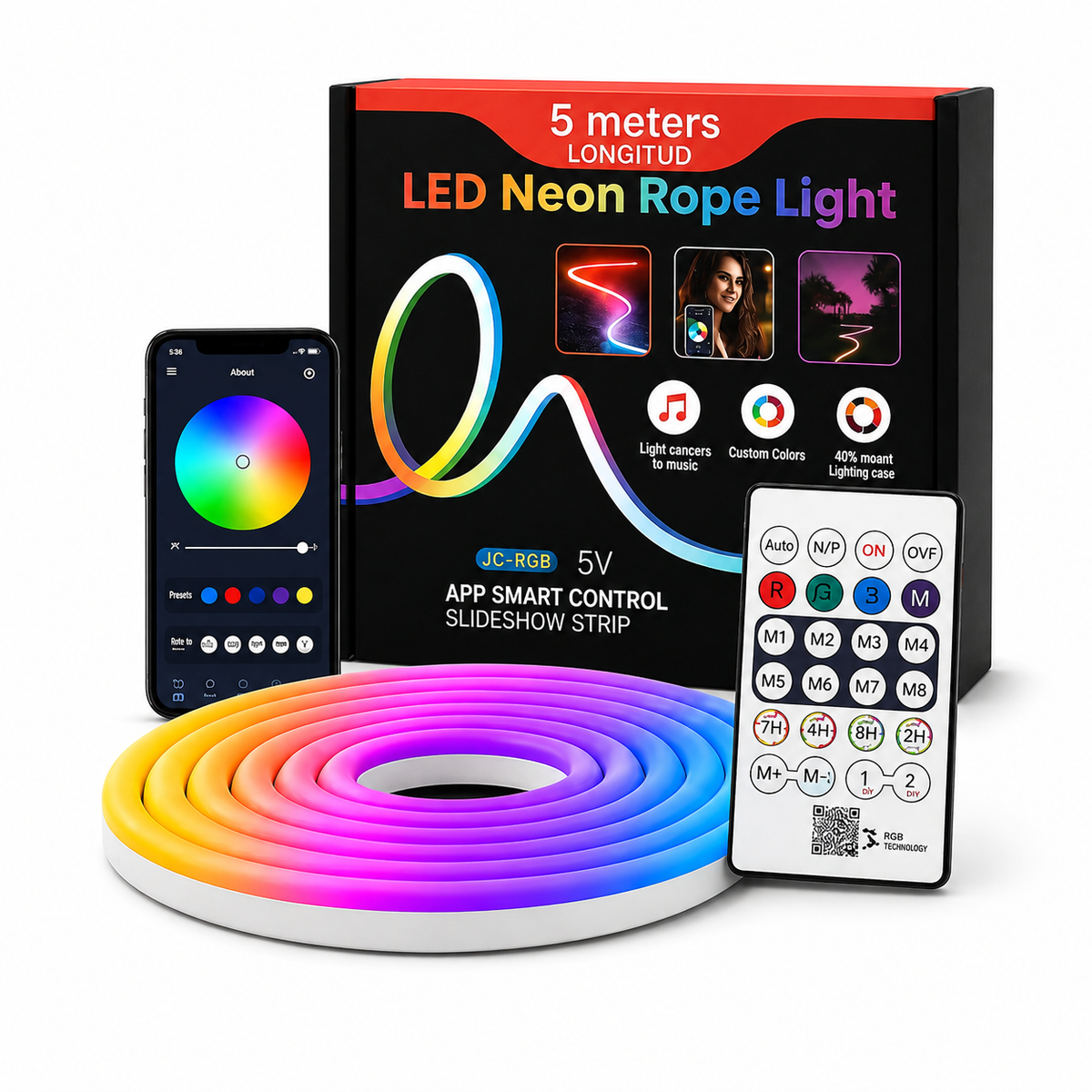5M LED Neon Rope Light – RGB Smart App Control with Remote