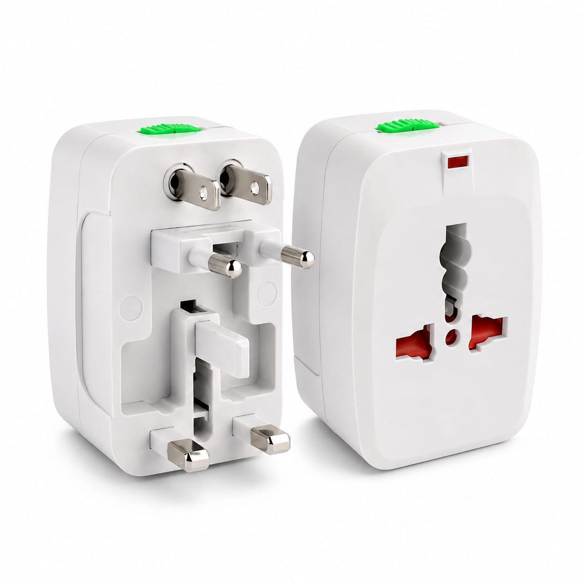 Universal travel adapter with multiple plug types and power switch
