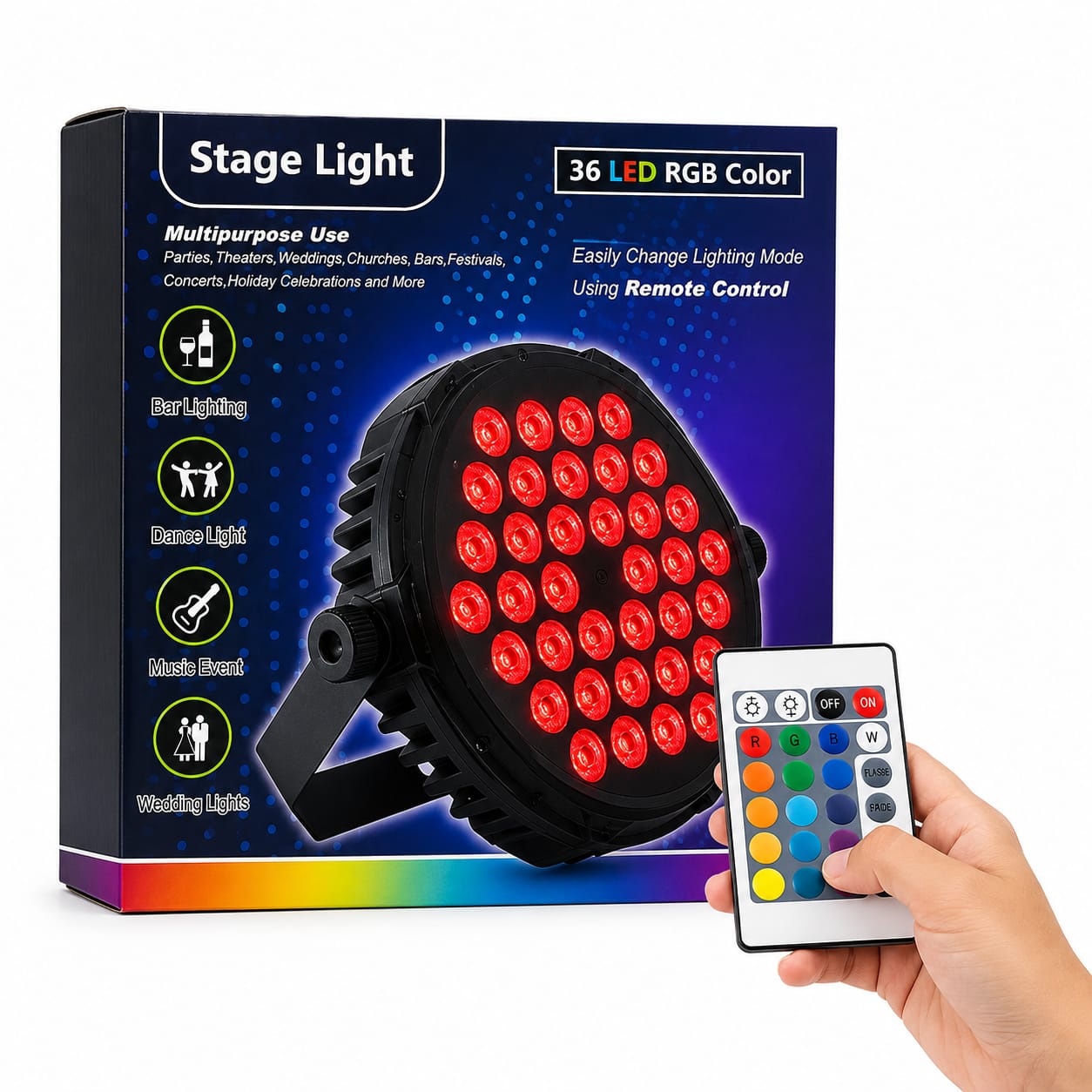 36 LED RGB Stage Light with Remote Control for DJ, Wedding, Party and Event Lighting
