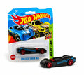 Hot Wheels black and blue alloy die-cast toy car with red wheels in blister packaging
