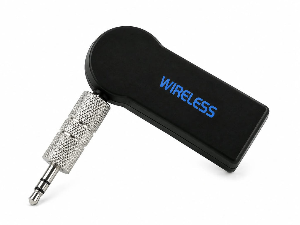 Black wireless Bluetooth AUX receiver with built-in microphone and 3.5mm connector