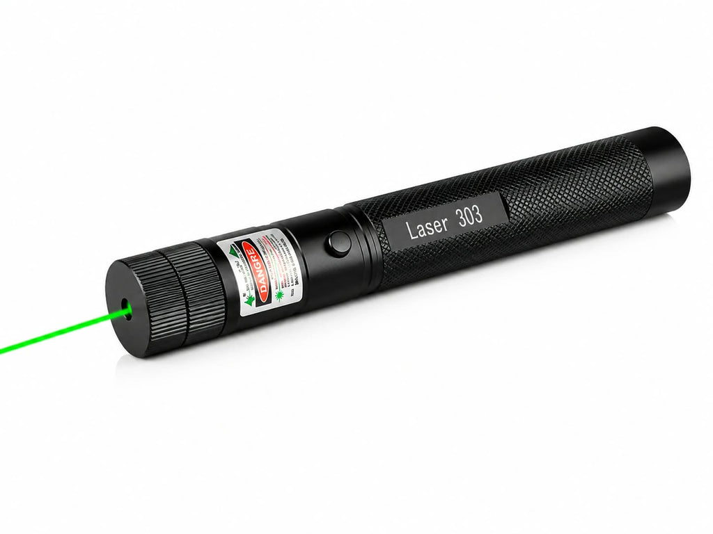 Green Laser Pointer 303 black handheld pointer with green laser beam
