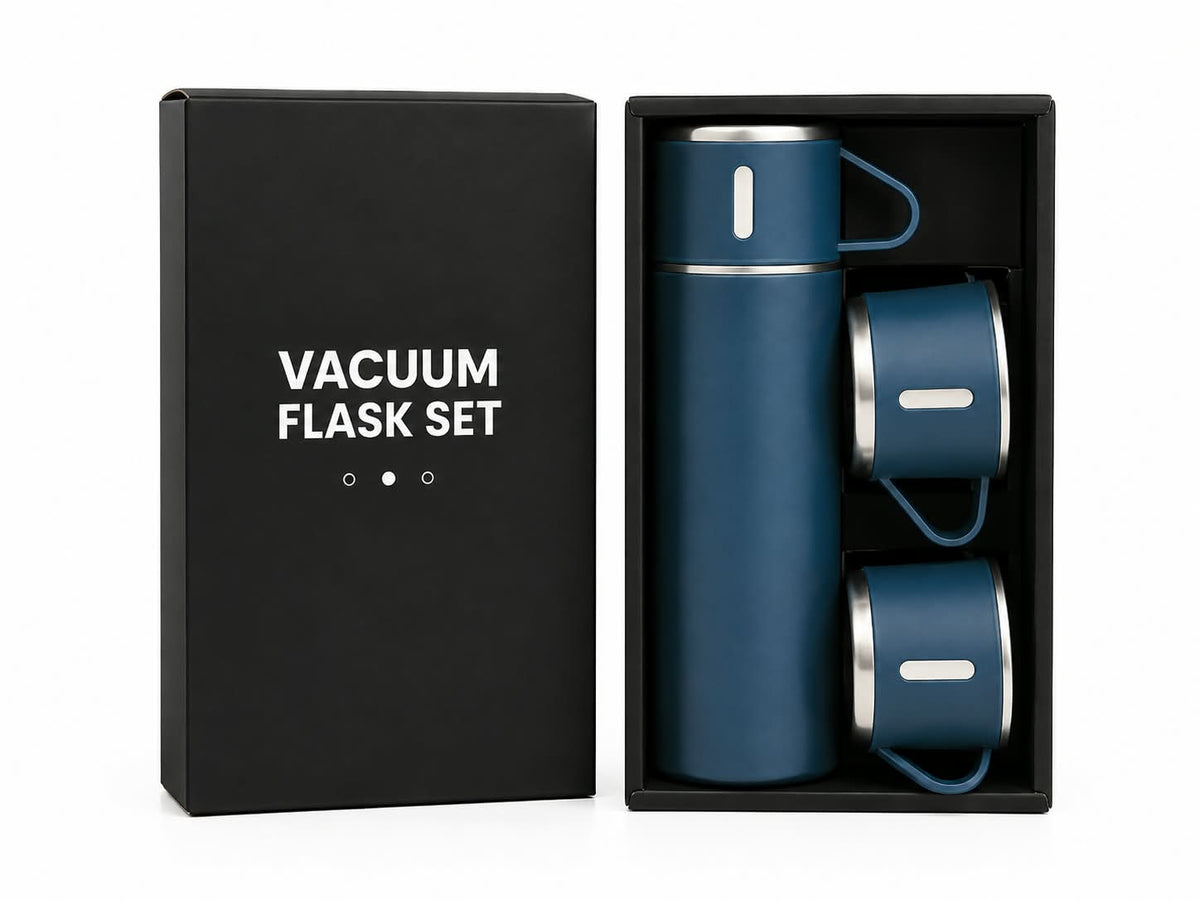 Vacuum flask set with two matching cups in gift box
